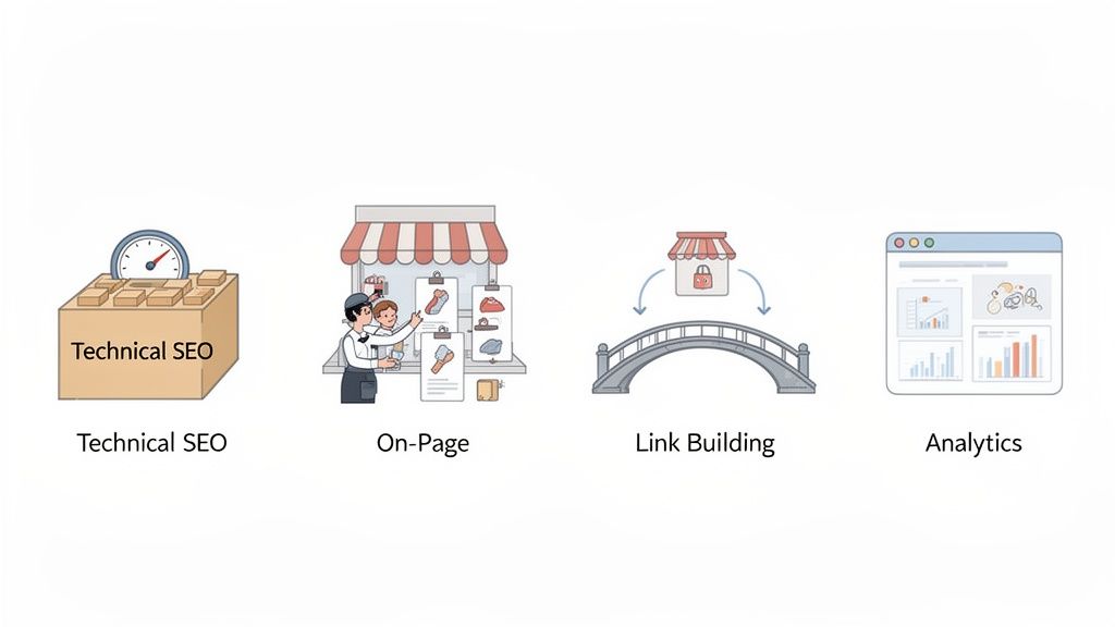 Illustration of key SEO components: Technical SEO, On-Page, Link Building, and Analytics for effective website optimization.