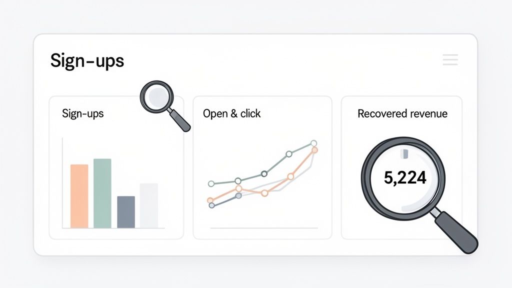 A clean dashboard displaying sign-ups bar chart, open & click line chart, and recovered revenue metric with magnifying glass icons.