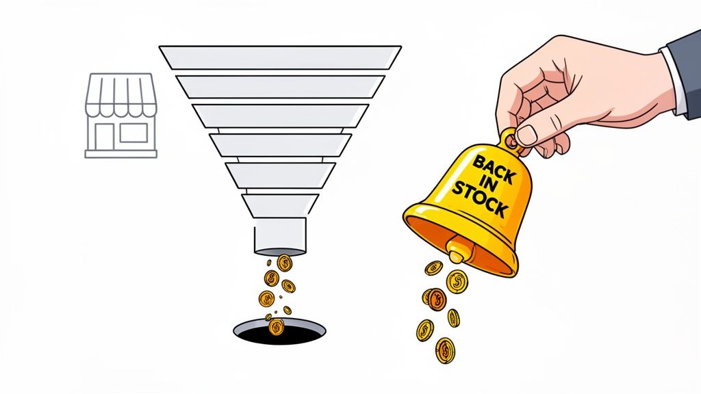 A store icon, a sales funnel generating coins, and a hand ringing a 'Back In Stock' bell dropping more money.