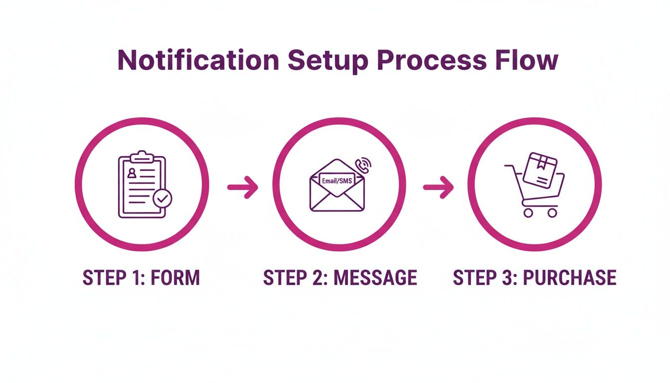A three-step notification setup process flow illustrating Form, Message (Email/SMS), and Purchase stages.
