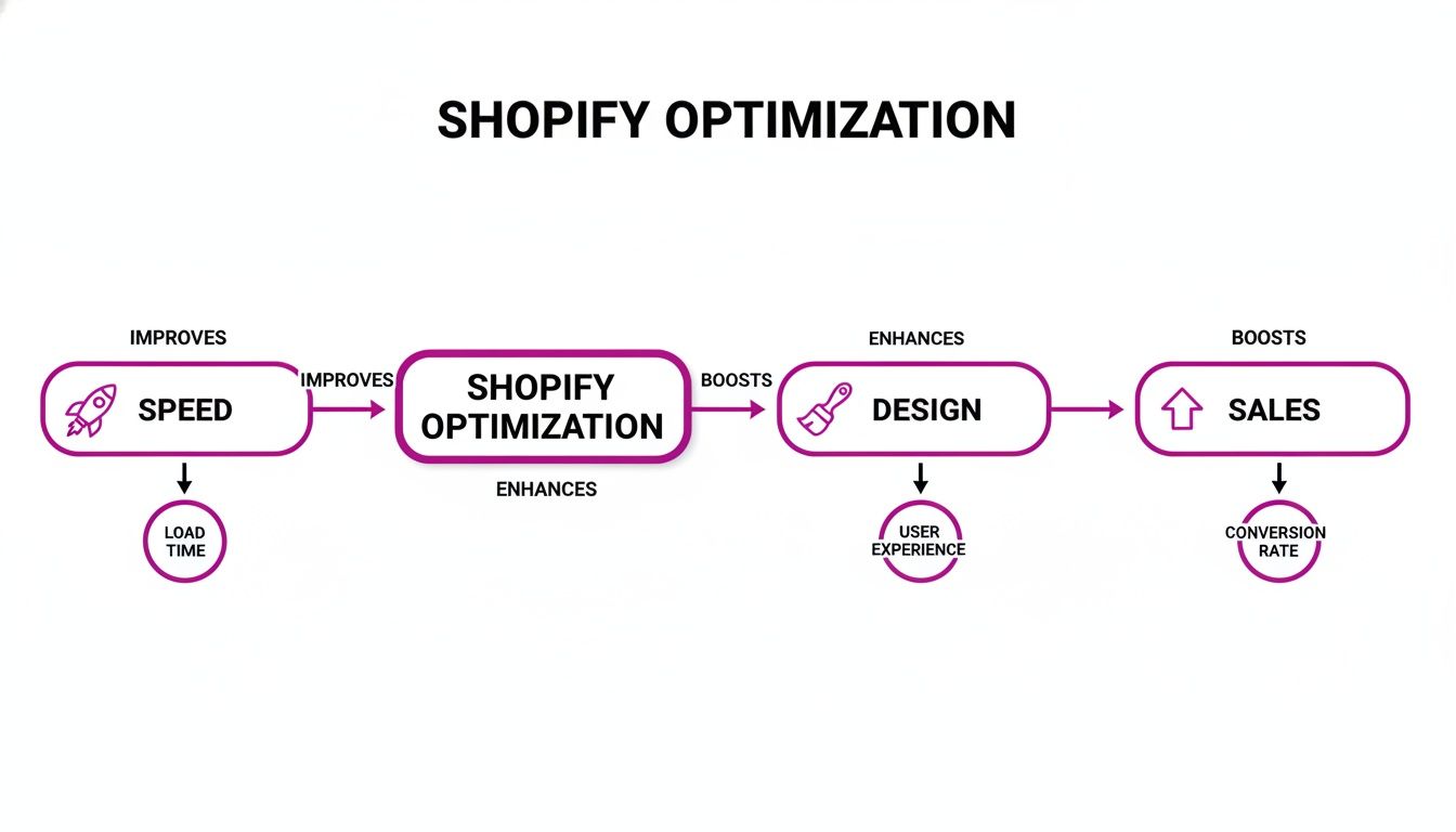 Flowchart illustrating how Shopify optimization improves speed, enhances design, and boosts sales metrics.