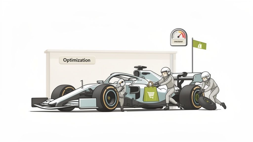 Illustration of a Formula 1 pit stop, symbolizing e-commerce checkout optimization by a crew.