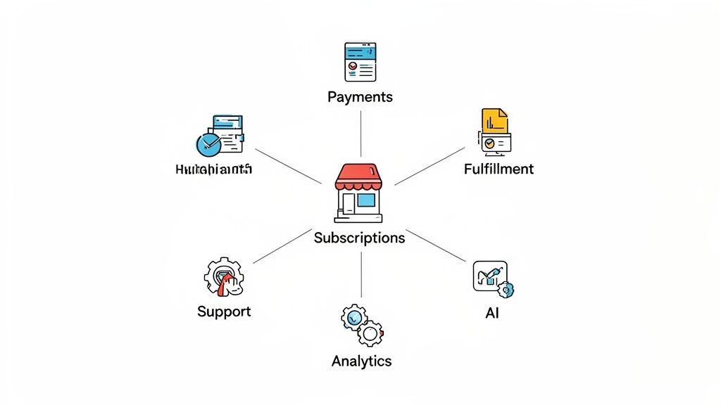 Diagram illustrating subscription services at the core, linked to payments, fulfillment, AI, analytics, support, and management.