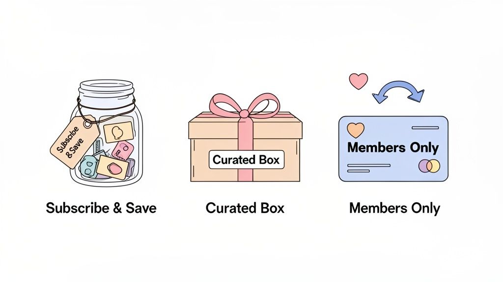 Illustrations of subscription service types: 'Subscribe & Save' jar, 'Curated Box', and 'Members Only' card.