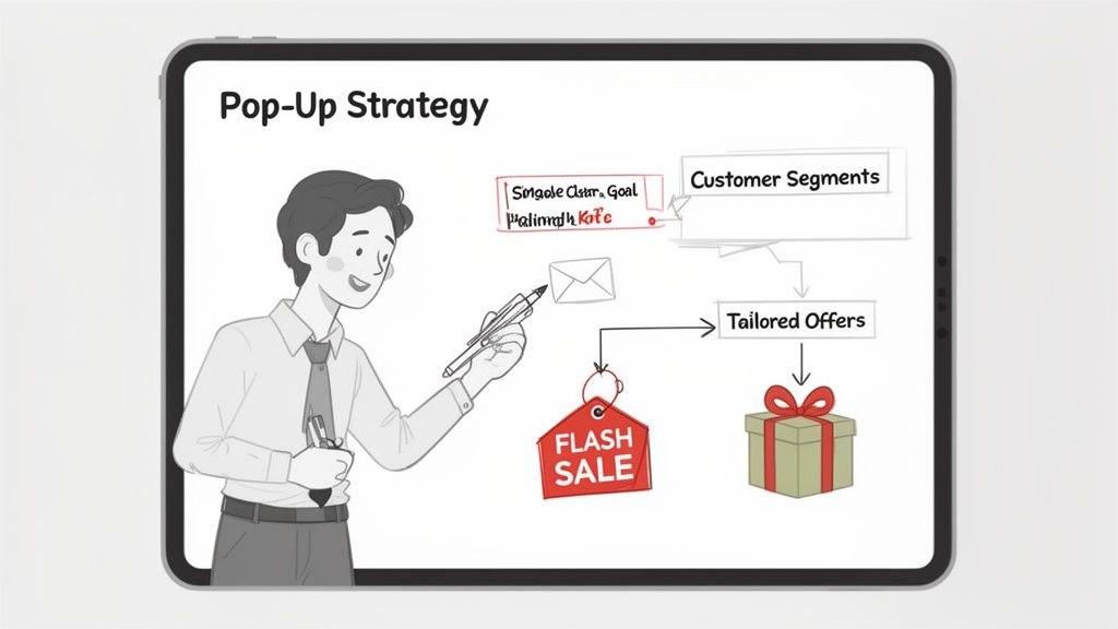 Illustration of a 'Pop-Up Strategy' diagram on a tablet, showing customer segments, tailored offers, and flash sales.