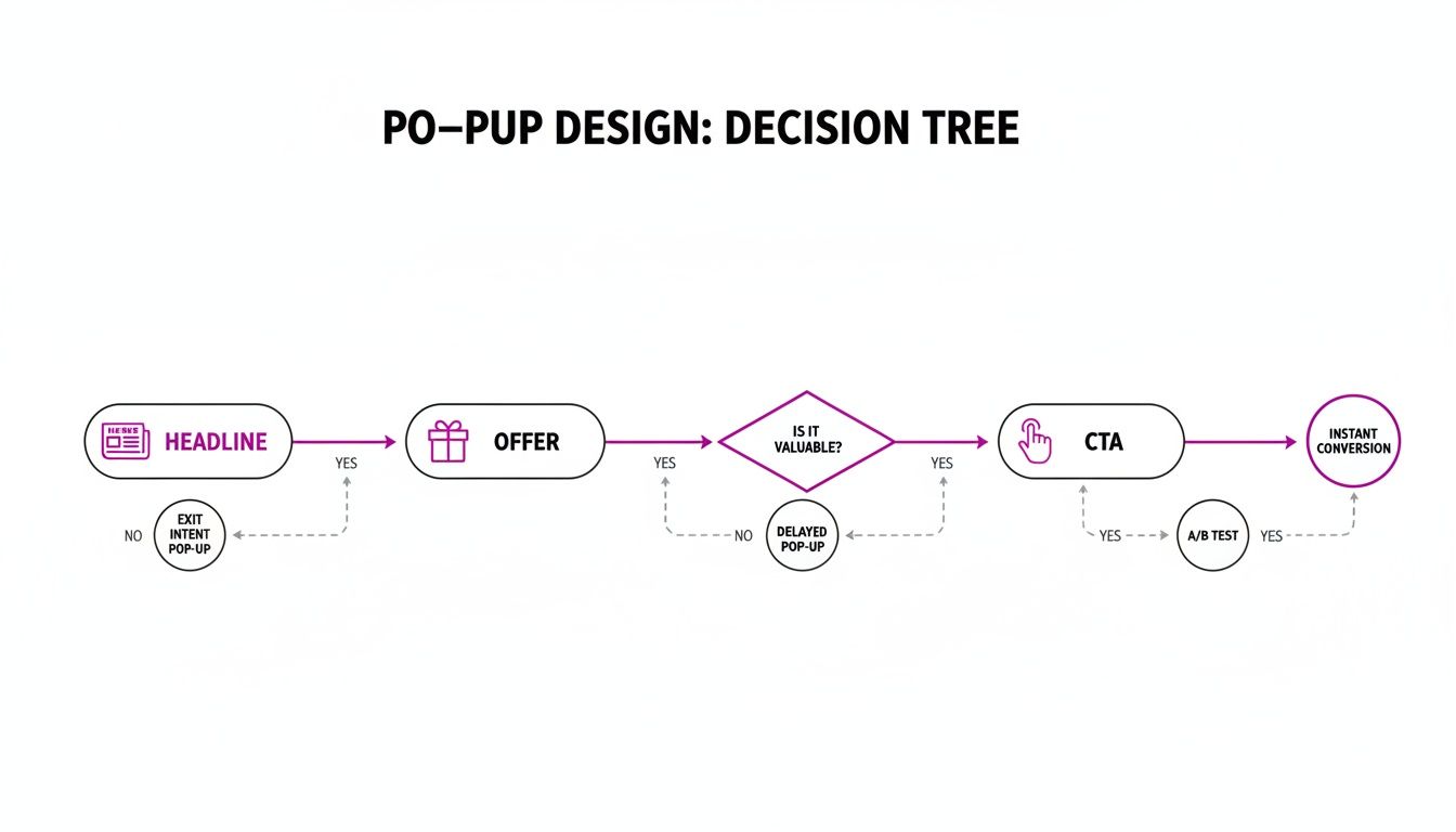 Flowchart illustrating a pop-up design decision tree, from headline and offer to call to action and conversion.