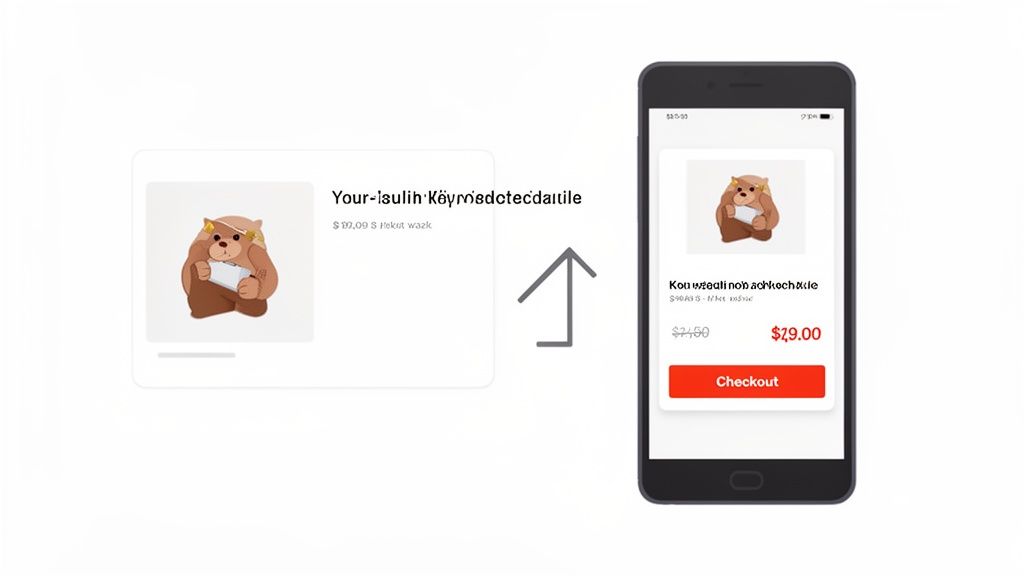 A cartoon bear product listing transitions from a website to a mobile e-commerce app, showing pricing and a checkout button.