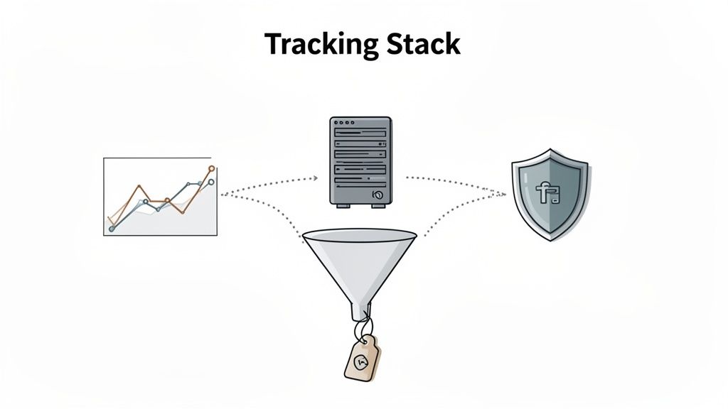 Diagram illustrating a tracking stack with a server, data funnel, analytics graph, and privacy shield.