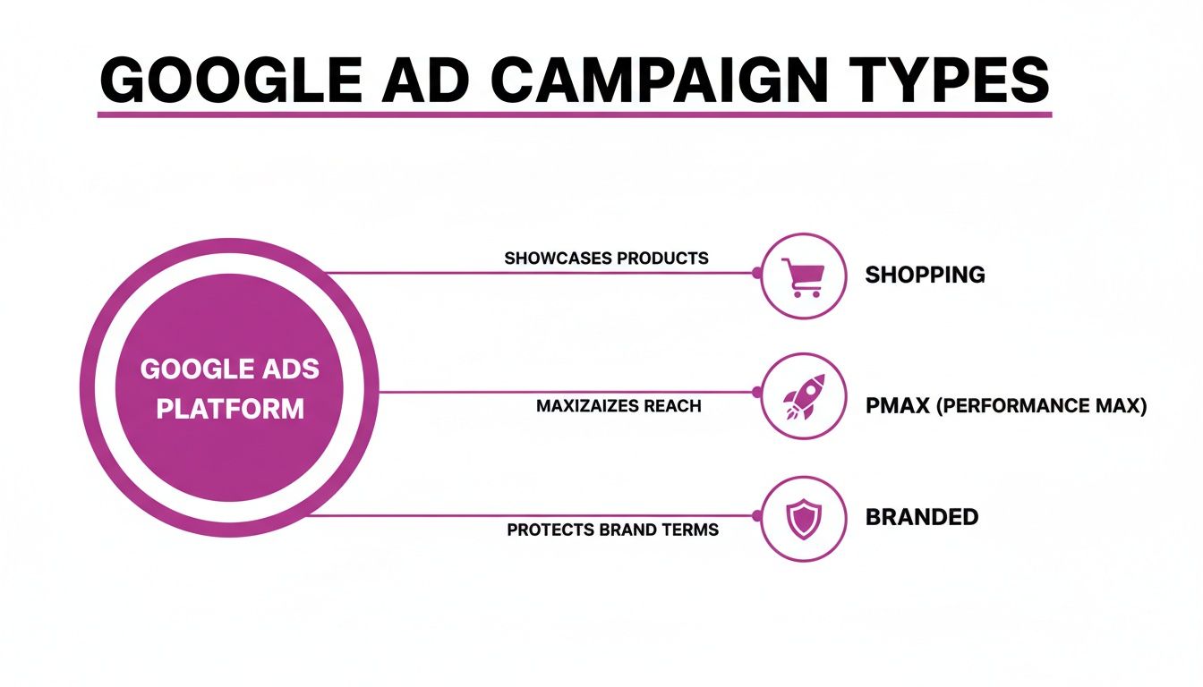 A diagram illustrating Google Ads campaign types: Shopping, Performance Max, and Branded, with their key functions.