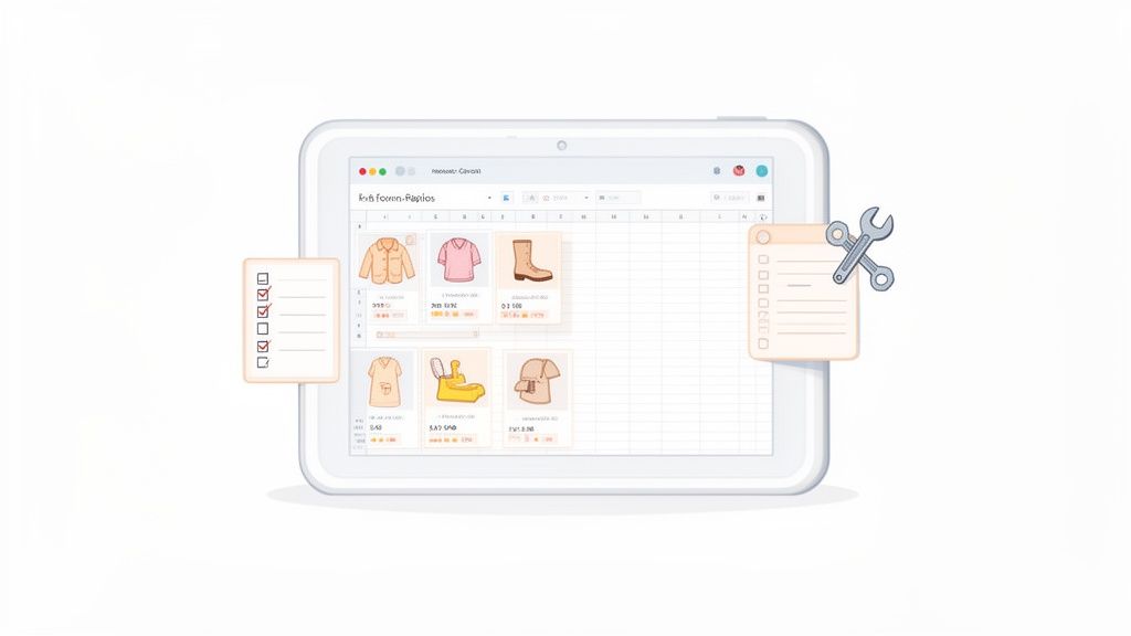 A tablet displays an e-commerce inventory with product images and prices, flanked by checklists and a wrench.