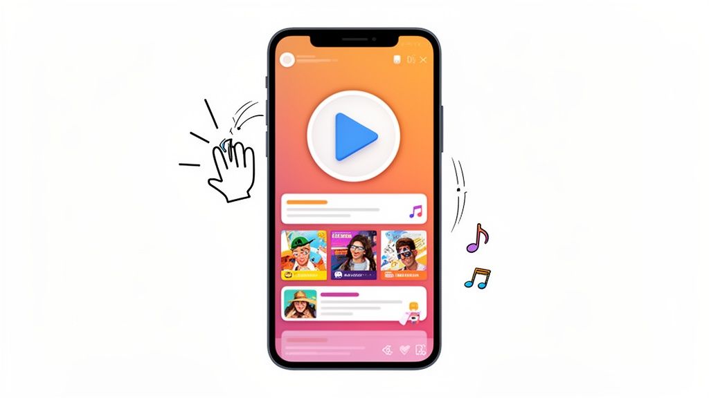 Mobile app interface on a smartphone with a prominent play button, content, and musical notes.