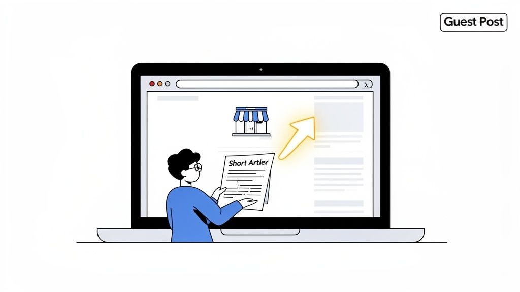 A person holds a 'Short Artler' document in front of a laptop displaying a growing online business and a 'Guest Post'.