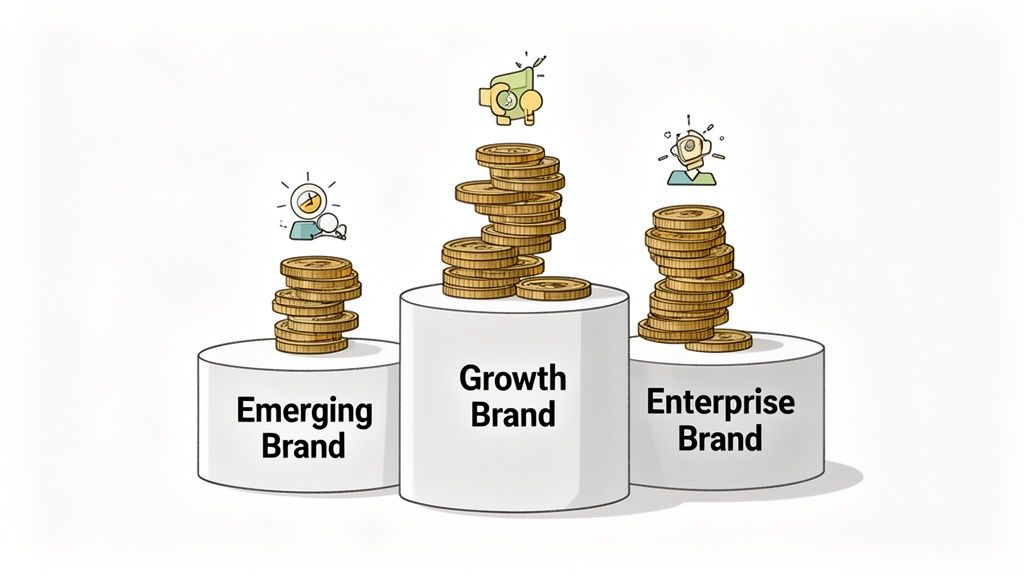Three pedestals labeled Emerging, Growth, and Enterprise Brands with varying stacks of gold coins.