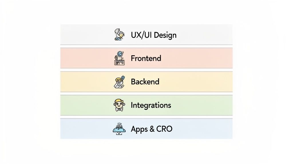 A visual list detailing five key stages of digital product development: UX/UI Design, Frontend, Backend, Integrations, and Apps & CRO.