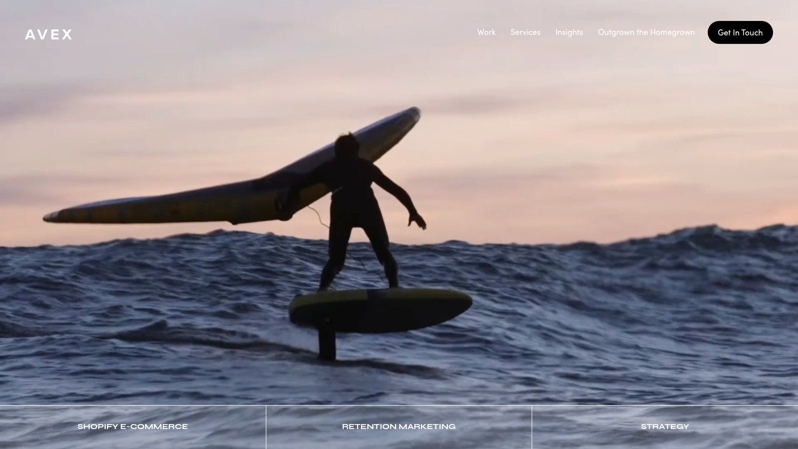 A person wing foiling, representing Avex's work with lifestyle and action sports brands.