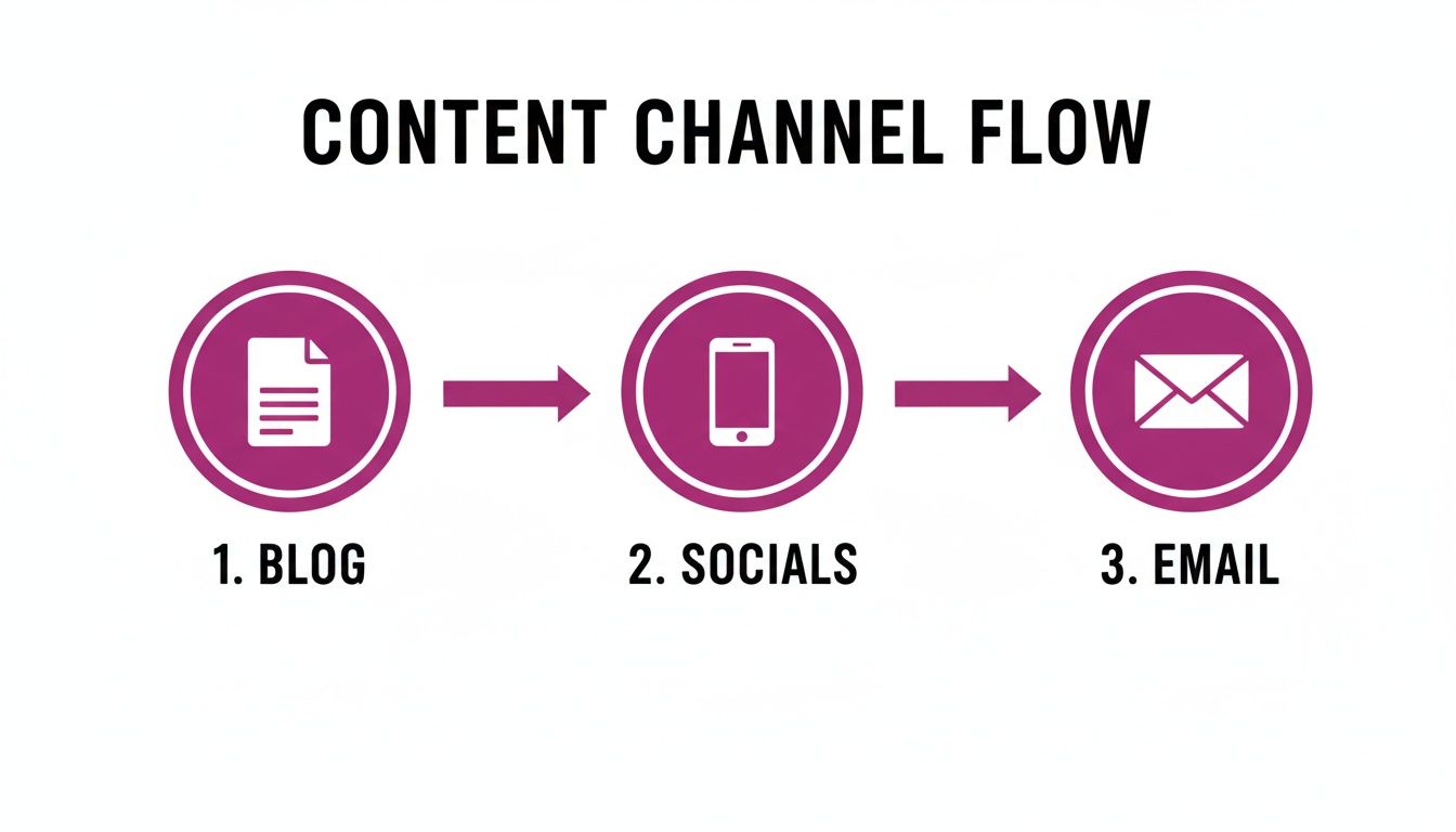 A content channel flow diagram illustrates blog, socials, and email as sequential steps.