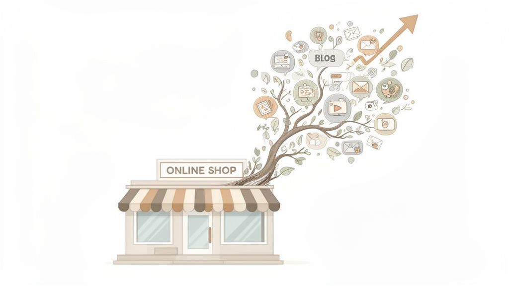 An online shop growing a tree with digital content marketing icons, symbolizing business growth.