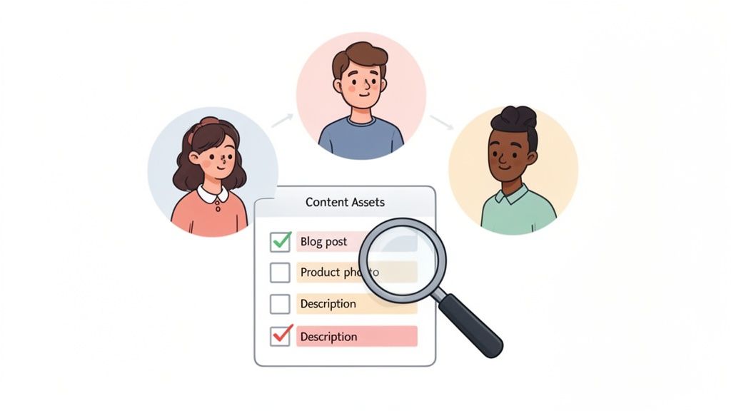 Three diverse individuals connected, reviewing a checklist of content assets like blog posts and descriptions with a magnifying glass.