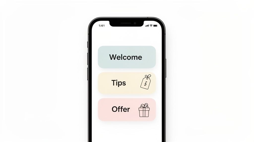 An iPhone displaying an app screen with three colorful buttons: Welcome, Tips, and Offer.