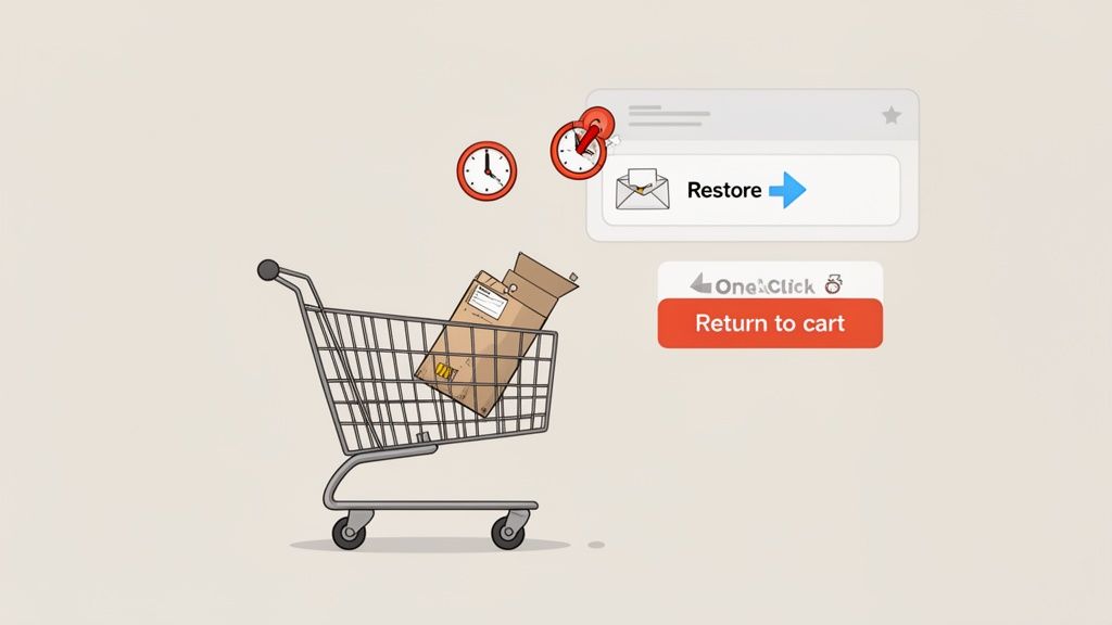 A cartoon illustration of a shopping cart with a box, clocks, and UI elements for restoring or returning to cart.