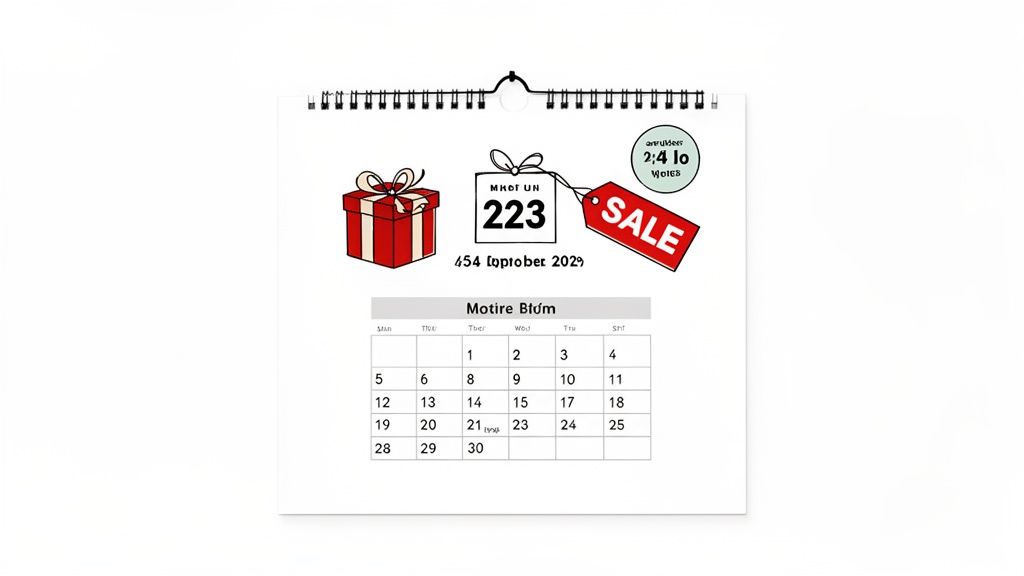 A calendar page showing October 2023 with a gift box, sale tag, and marked dates.