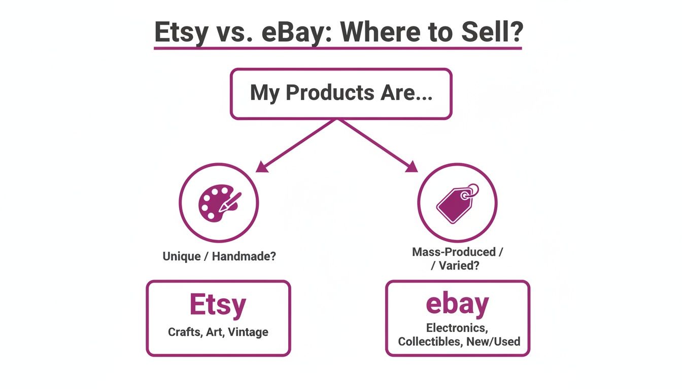 Flowchart guiding sellers to choose between Etsy for unique/handmade products and eBay for varied/mass-produced items.