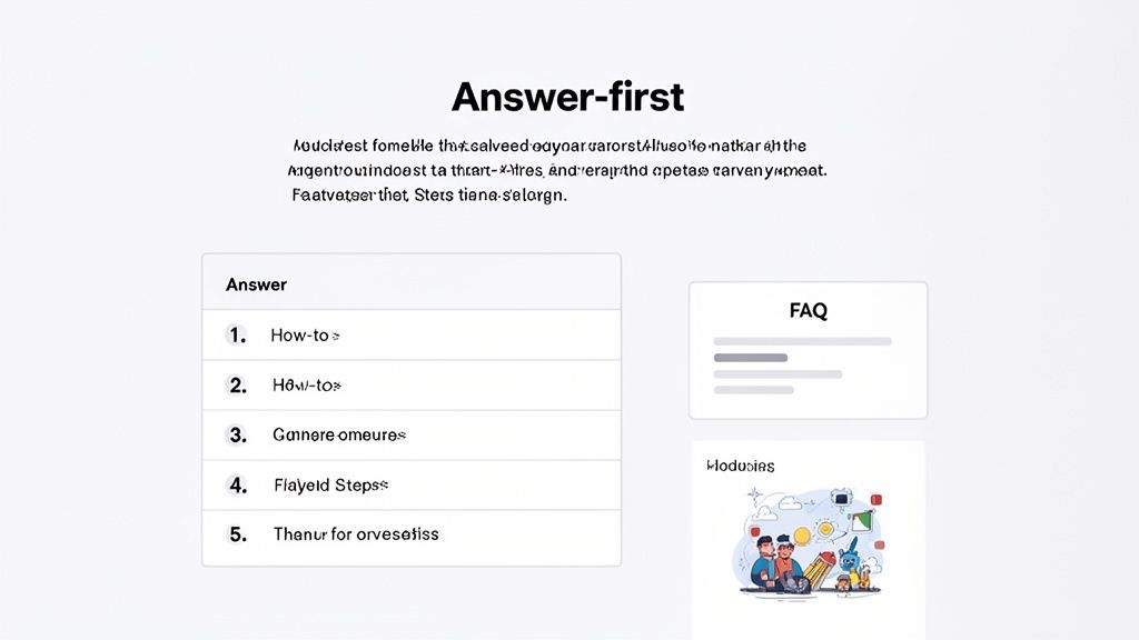 Website UI for 'Answer-first' content, featuring a how-to list, FAQ section, and an illustration.
