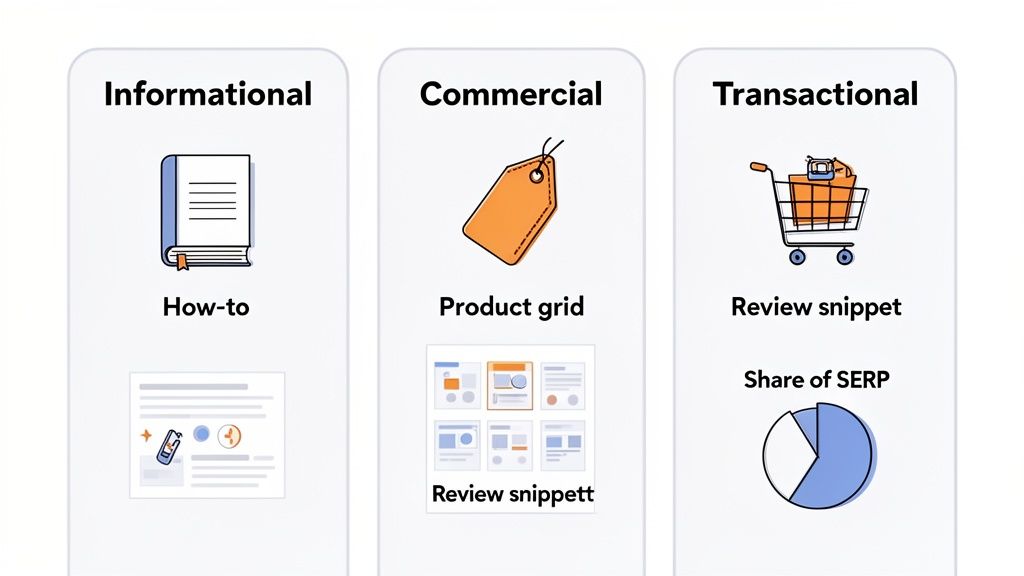 Visual breakdown of search intent types: Informational, Commercial, and Transactional, with corresponding SERP feature examples.