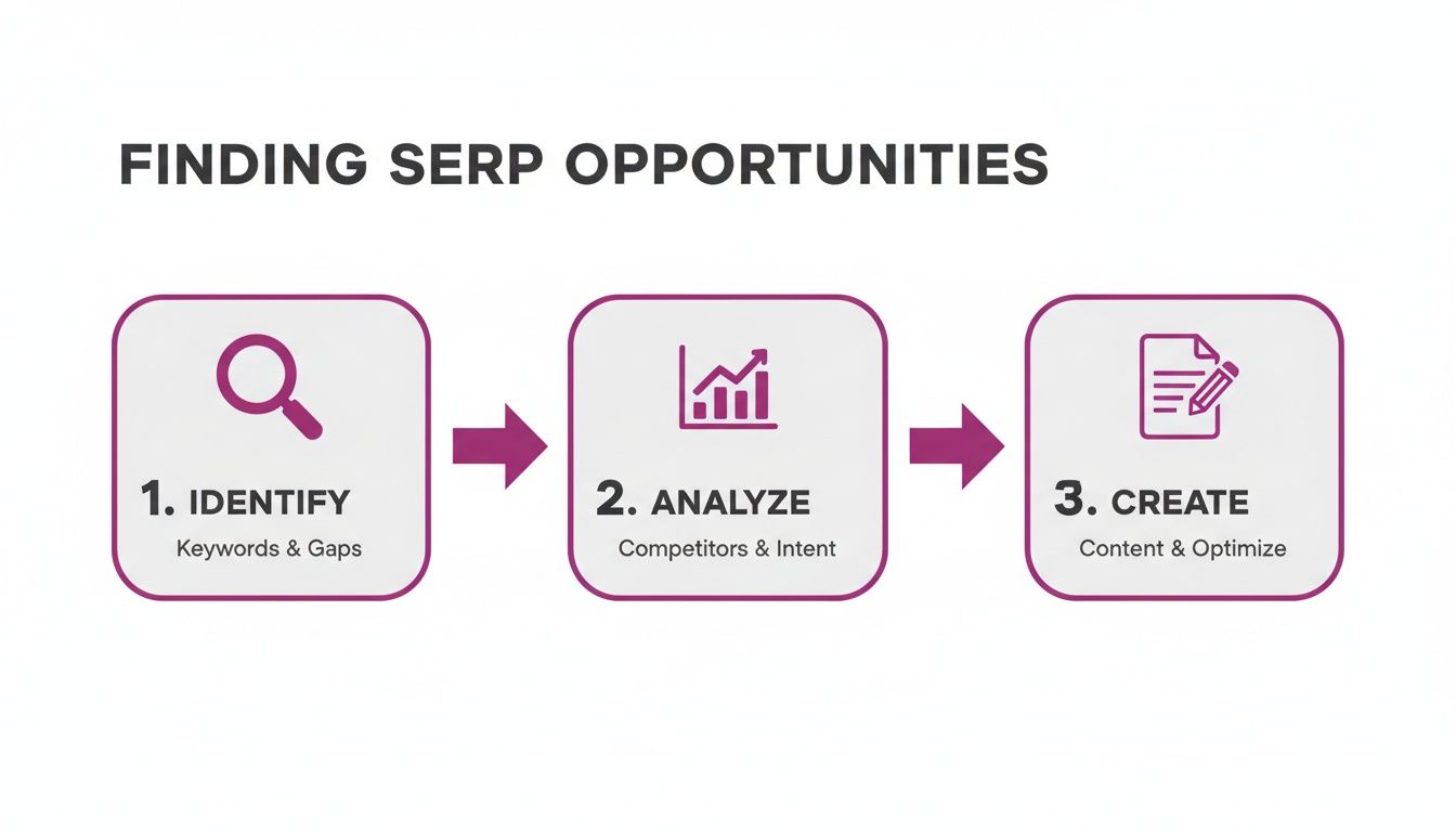 A three-step process diagram for finding SERP opportunities: Identify, Analyze, and Create.