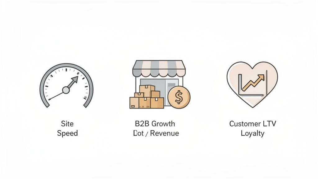 Three icons illustrating key business metrics: site speed, B2B growth/revenue, and customer LTV loyalty.