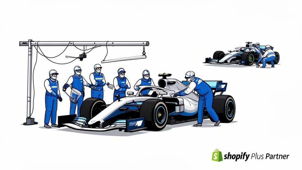 A pit crew in blue and white uniforms works on a white and blue race car.