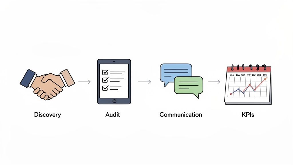 Flowchart showing a four-step business process: Discovery, Audit, Communication, and KPIs.