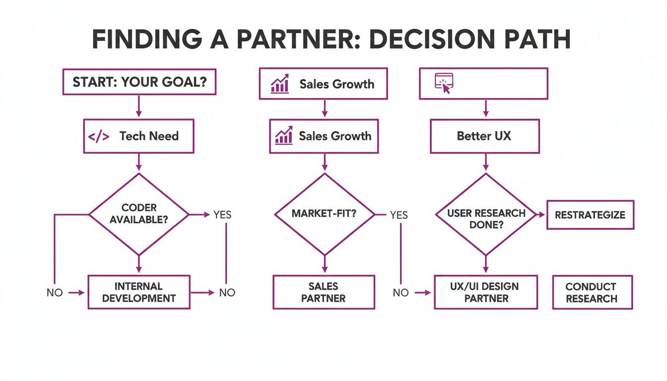 A flowchart titled 'Finding a Partner: Decision Path' outlining steps for tech, sales, and UX needs.
