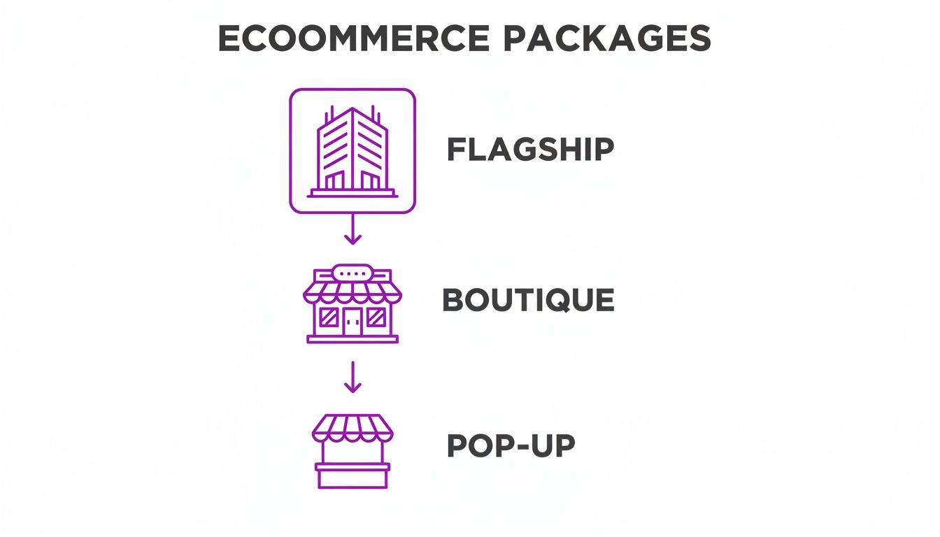 Flowchart illustrating e-commerce packages: Flagship (large building), Boutique (storefront), and Pop-Up (stall).