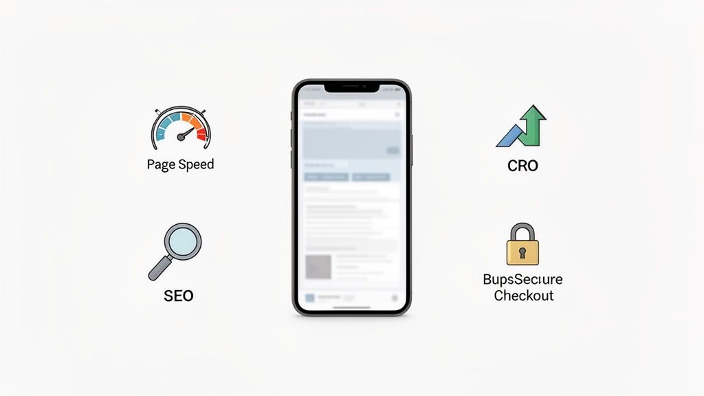 Illustration of a smartphone highlighting essential e-commerce website factors like page speed, SEO, CRO, and secure checkout.