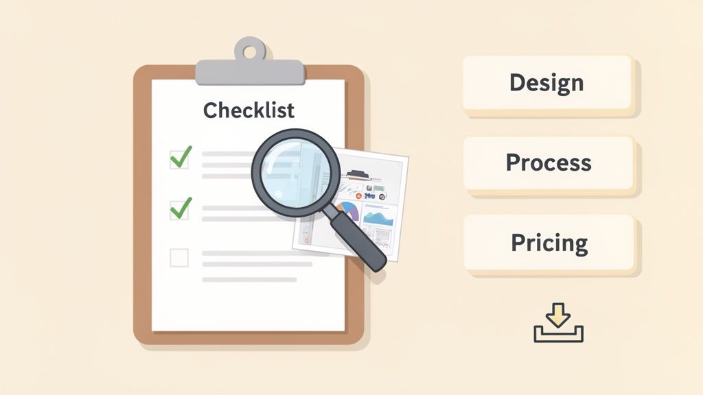 Checklist on a clipboard, magnifying glass over financial data, and options for Design, Process, Pricing.