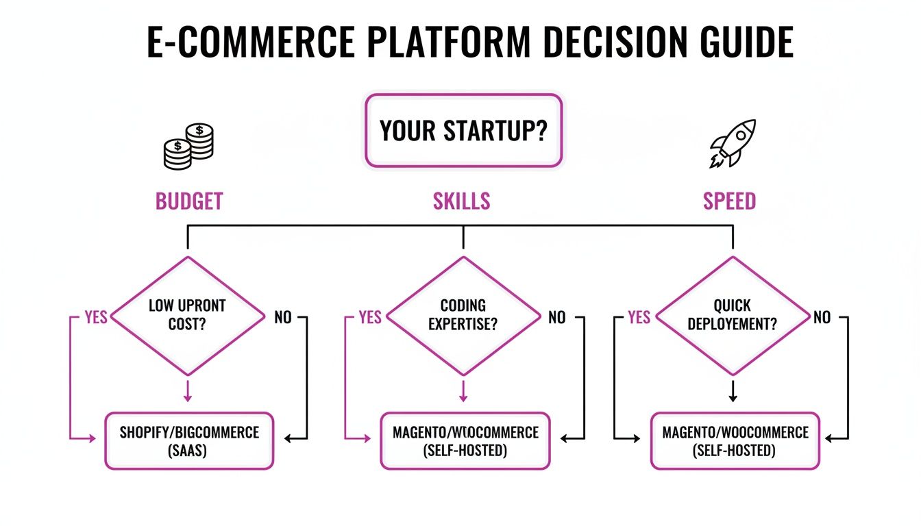 Flowchart guiding e-commerce startups to choose platforms based on budget, skills, and deployment speed.