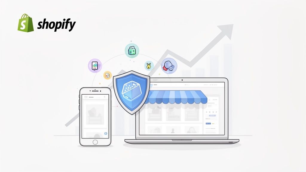 Shopify e-commerce platform shown on laptop and mobile, featuring a security shield and growth data.
