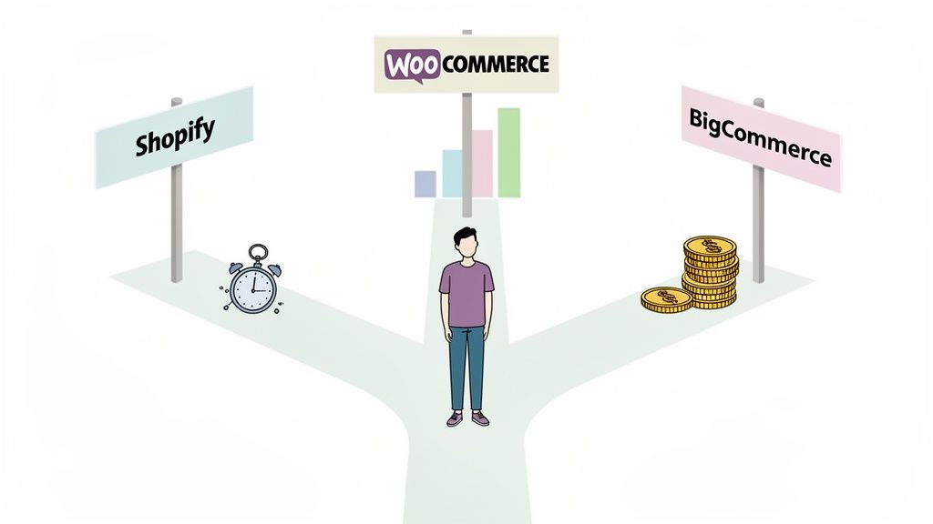 A person choosing between Shopify, WooCommerce, and BigCommerce e-commerce platforms, represented by symbols.