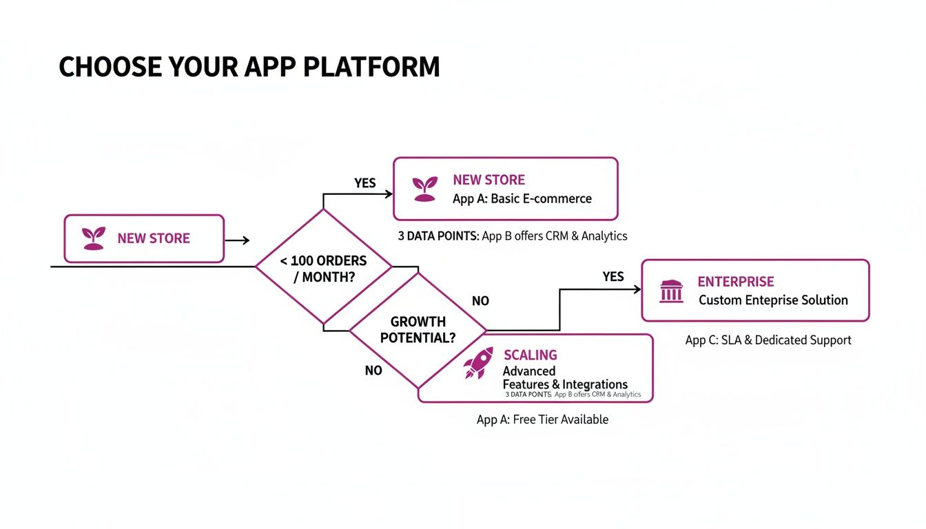 Flowchart for choosing an app platform based on monthly orders and growth potential, detailing options for new stores, scaling, and enterprise.