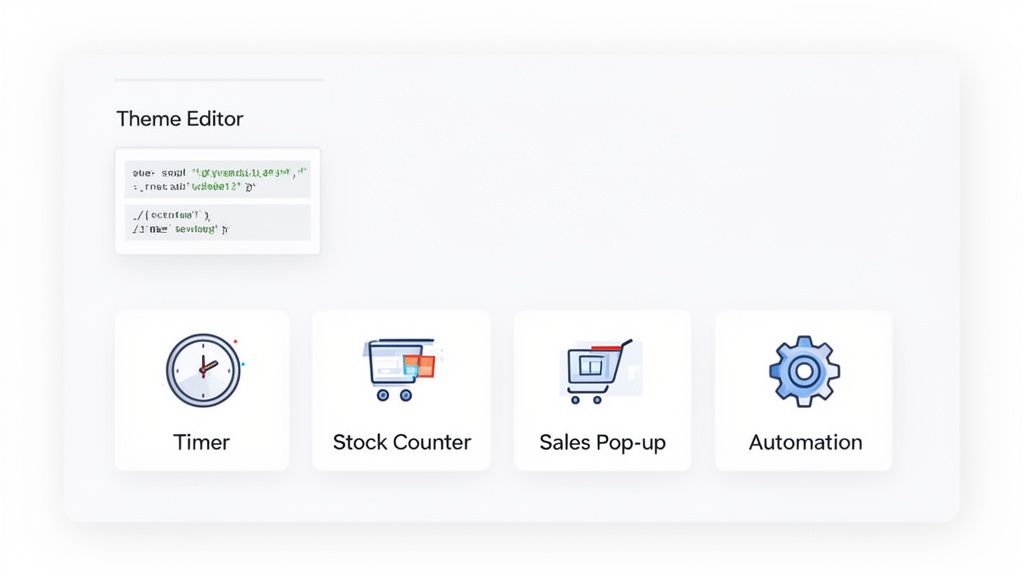 A dashboard displaying a theme editor with code and four e-commerce tools: Timer, Stock Counter, Sales Pop-up, and Automation.