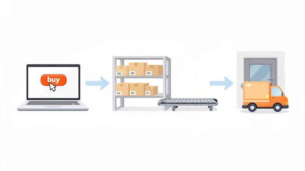 Diagram showing the e-commerce fulfillment process from online purchase to warehouse packaging and final delivery.