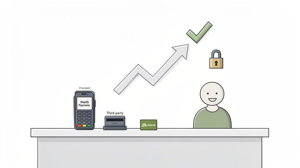 Illustration of Shopify Payments terminal versus third-party, showing growth, security, and success for a happy user.