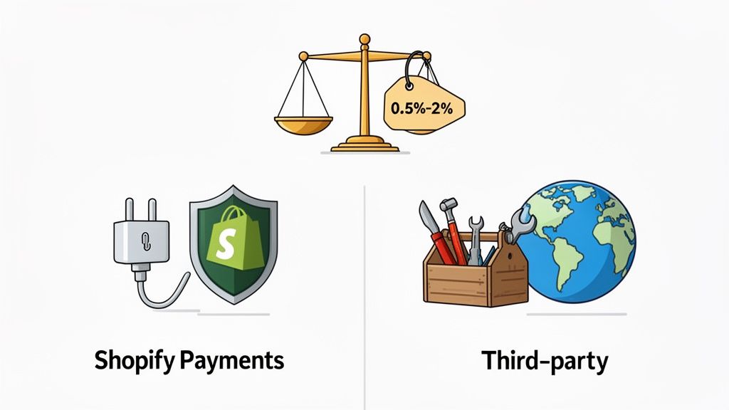 Visual comparison of Shopify Payments (secure, integrated) versus third-party payment gateways (flexible, global) with potential transaction fees of 0.5-2%.