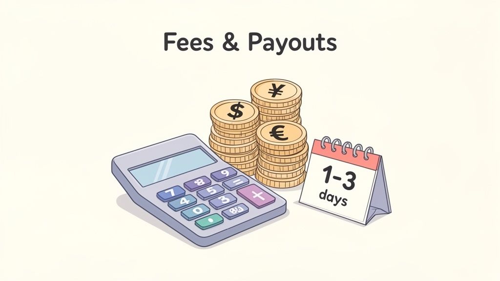 Illustration of a calculator, currency coins, and calendar for processing fees and payouts in 1-3 days.