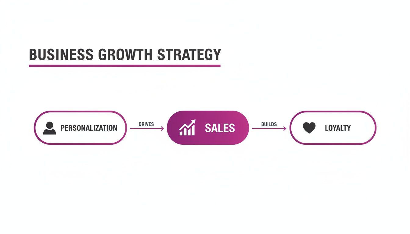 A business growth strategy diagram showing how personalization drives sales and builds customer loyalty.