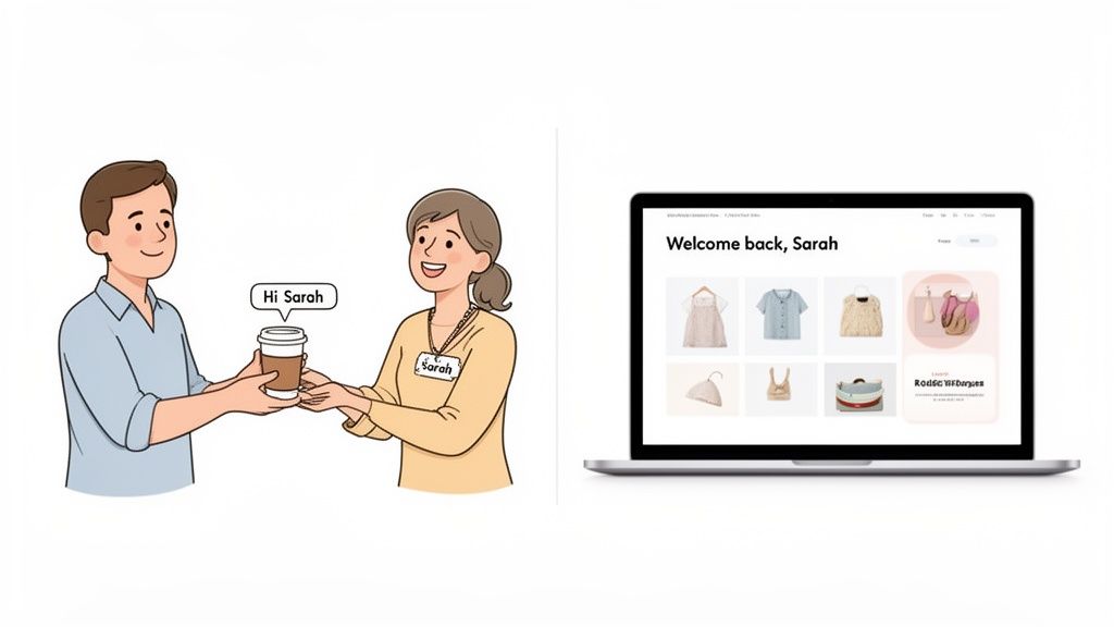 A man gives coffee to a woman named Sarah, beside a laptop showing a personalized e-commerce welcome.