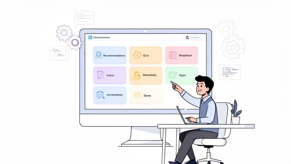 Cartoon man pointing at a computer screen displaying a dashboard with various e-commerce personalization apps.