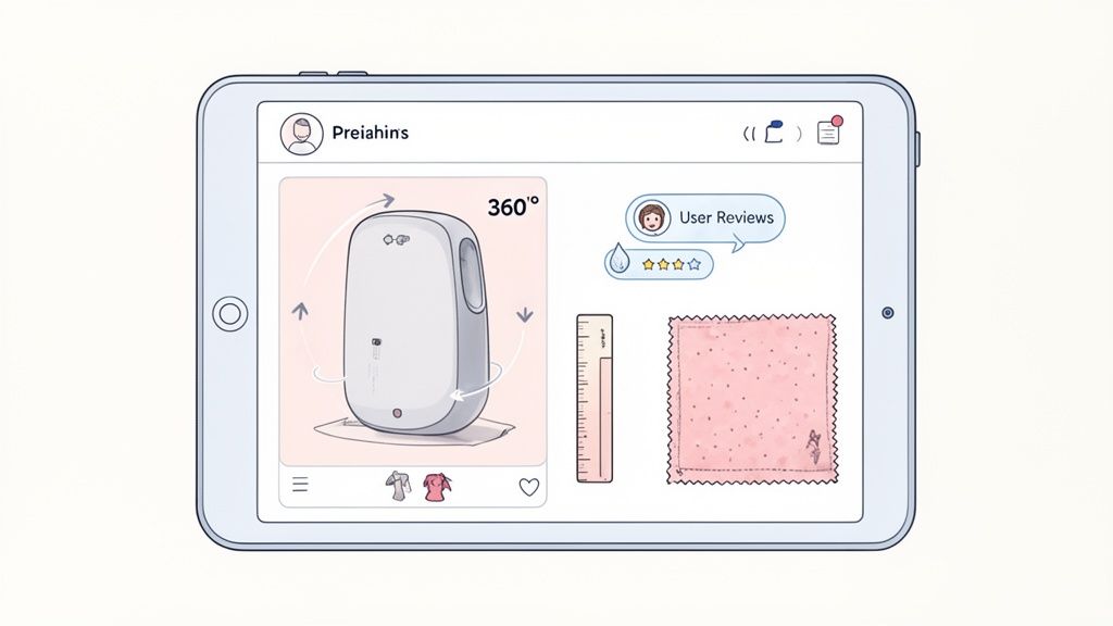 A tablet displaying an e-commerce product page for a smart device, including a 360-degree view and user reviews.
