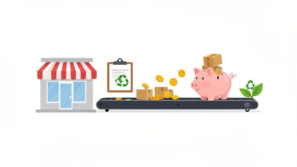 A shop, recycling symbol, and conveyor belt with packages, money, and a piggy bank, showing benefits of reducing returns.